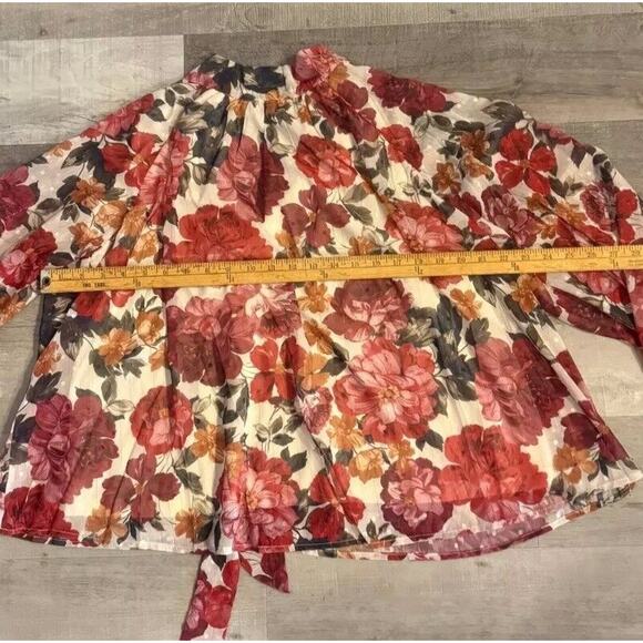 AURA Blouse Top Women Medium Multi Floral Pleated Mock Neck Tie Back Long Sleeve - Picture 5 of 6